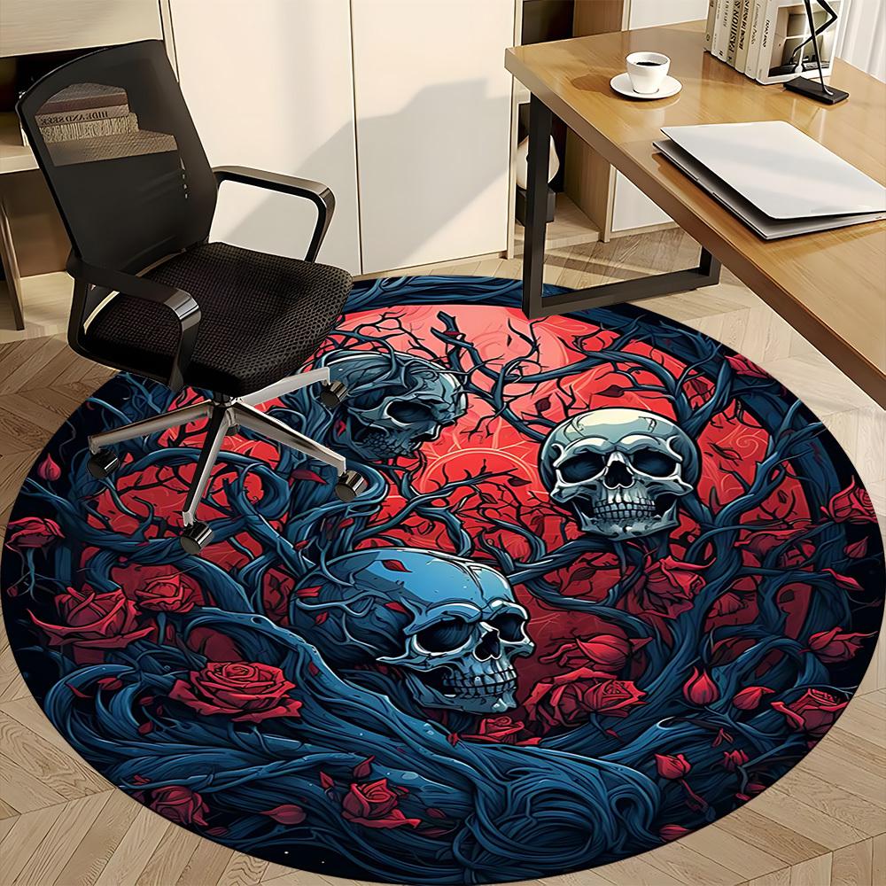 1pc Skulls Roses Office Round Area Rug, Under Office Chairs Bedroom Living Room Home Decor, Room Deco