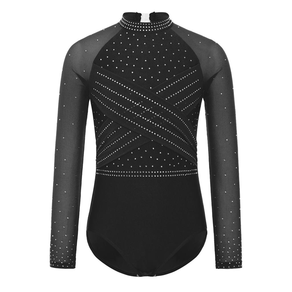 Dívčí průhledný síťovaný trikot s dlouhým rukávem, kamínky, gymnastický, s vykrojením vpředu a vzadu, body
