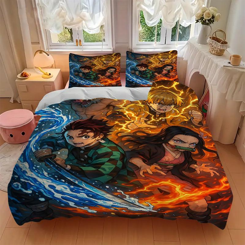 3pcs Demon Slayer Four Elements Printed Bedding Set, Soft and Comfortable Quilt Cover for Bedroom, Guest Room .H023