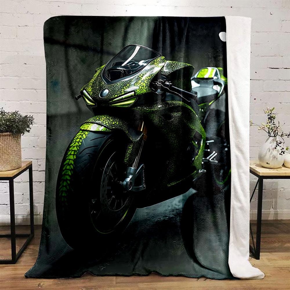 Green Reptile-scale Pattern with Glowing Accents On a Sporty Motorcycle. for All Seasons Blanket Lunch Break Throw Gift