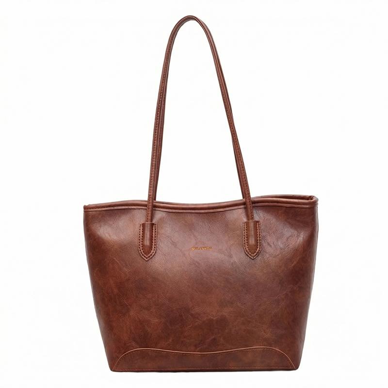 Faux Leather Tote Bag for Women Fashion Minimalist Shoulder Handbag with Wide Handles and Logo Detail