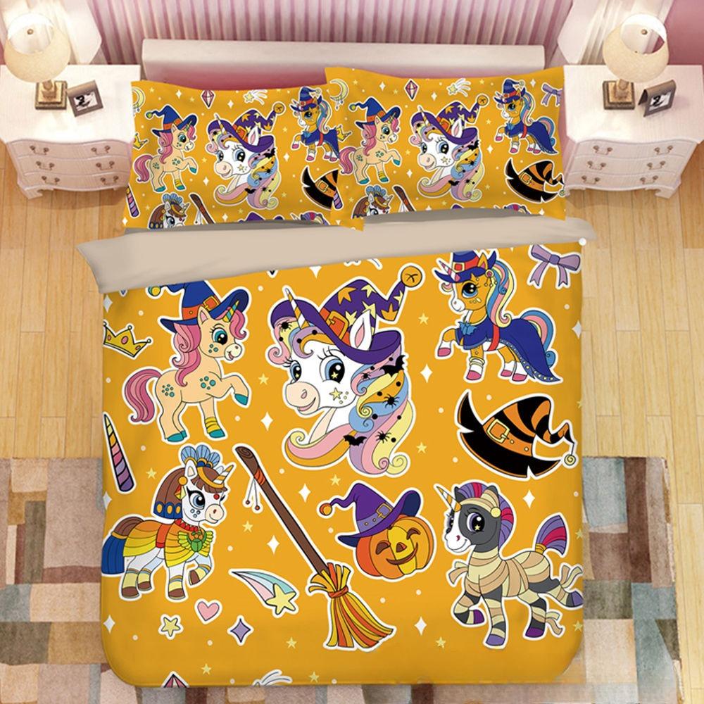 03 Rainbow Unicorn Bedding Set,Cartoon Unicorn Duvet Cover 3D Print,Children Boys Girls Quilt Cover Pillowcase King Queen Size