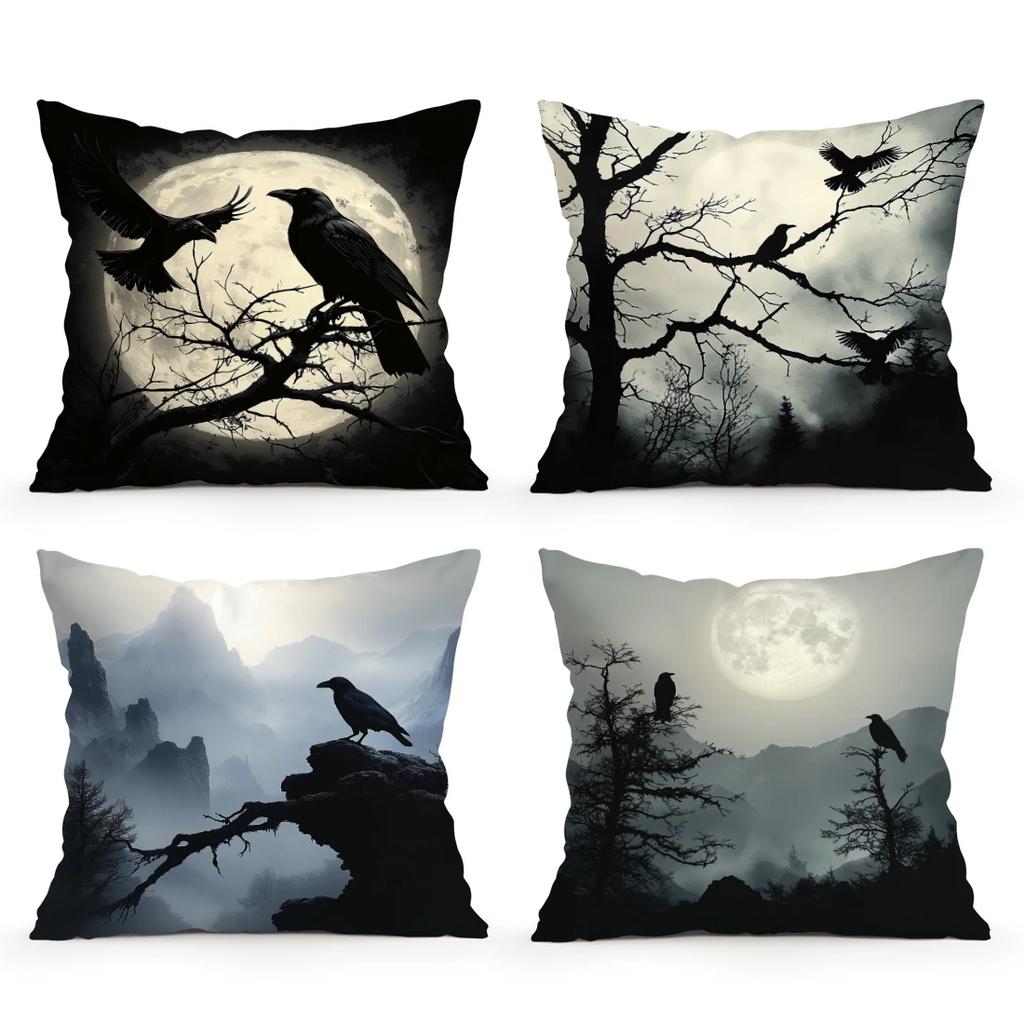 Halloween Black Tree Crow Pillowcase Cushion Polyester 45X45Cm Throw Pillow Cover Sofa Chair Bed Cushion Cover Pillowslip Decor
