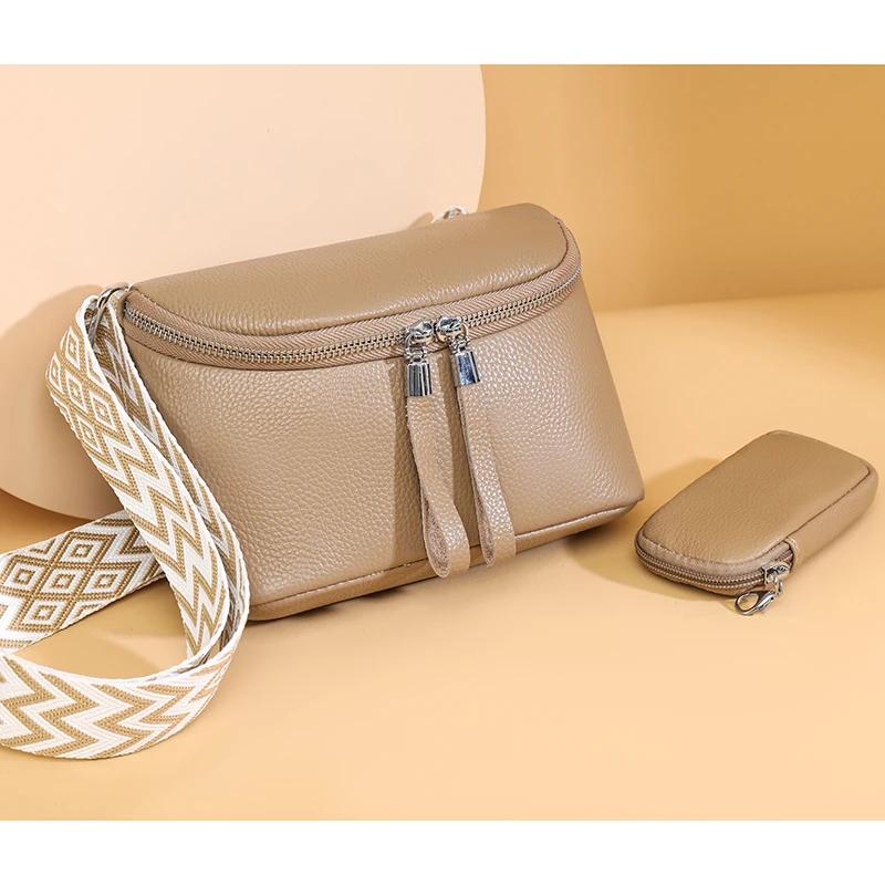 Two In One Women Vintage Underarm Bags  Cowhide Leather Shoulder Bag Multipocket Adjustable Strap Female Commute Daily Bags