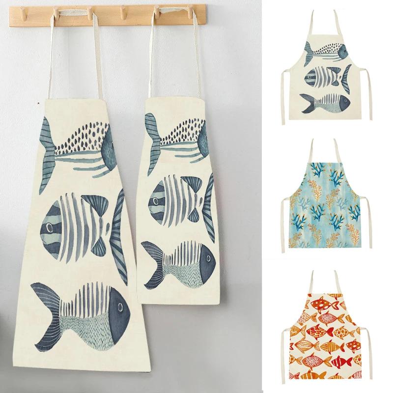 Creative Fish Conch Printed Kitchen Aprons for Women Men Home Cooking Baking Accessories Apron Adult Kids Sleeveless Apron