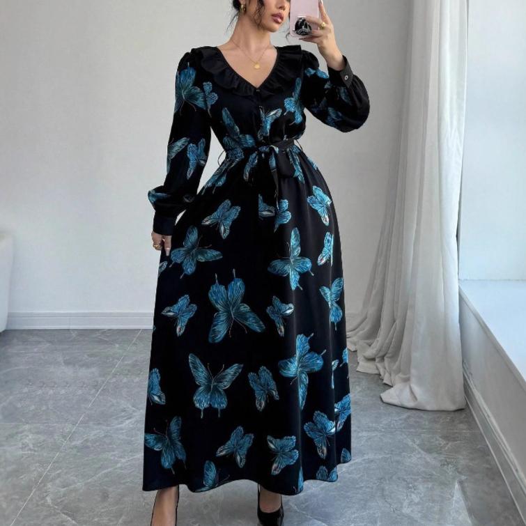 spring autumn women Party Evening Dress Fashion A-Line Casual loose Butterfly print elegant Dresses belt Maxi bodycon dress lady