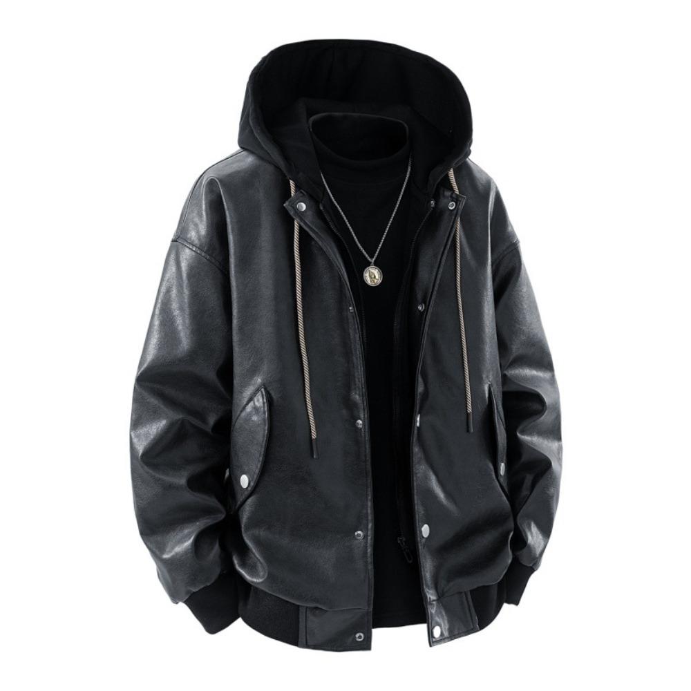 Spring and Autumn New Hooded Fake Two-piece Leather Jacket Men's Riding Motorcycle Street Riding Leather Jacket