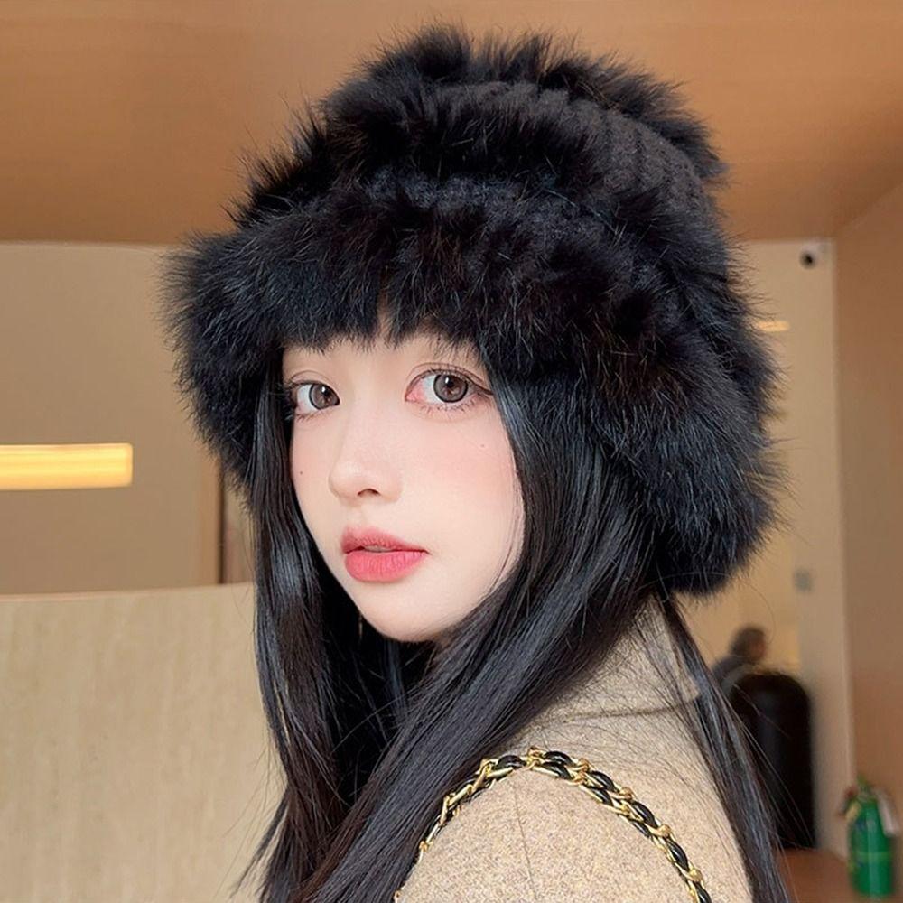 

Plush Bucket Hat Cute Female Hats Simple Winter Knitted Hat Skiing Khaki-Style B