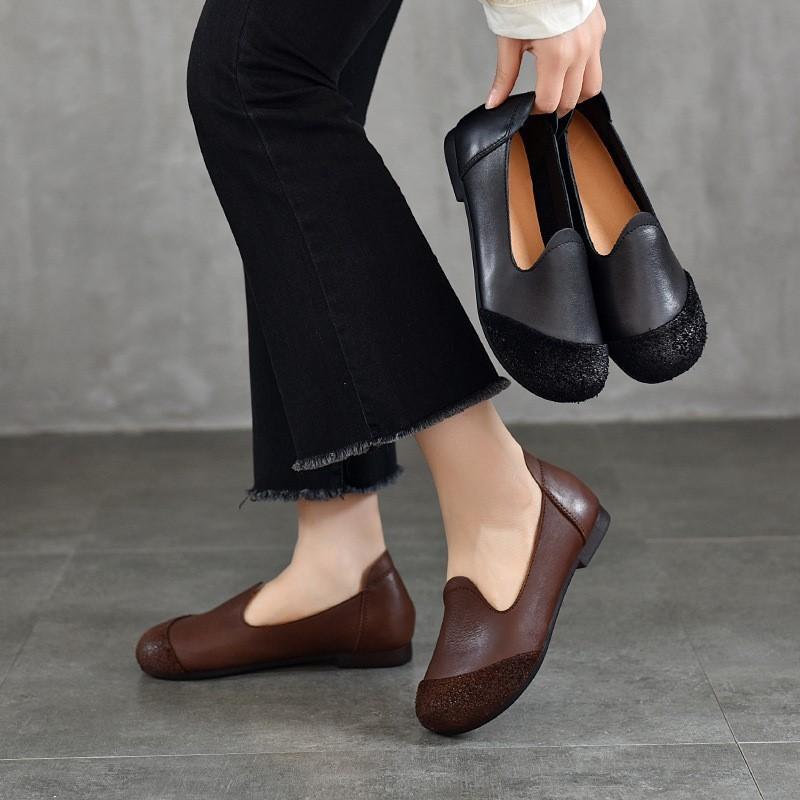 Johnature Versatile Retro Women's Slip-on Shoes Genuine Leather Round Toe Shallow Soft Soled Flat Shoes