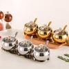 Practical Spices Jar Set with Serving Spoons Stainless Steel Spices Jar Set 3 Sections with Lid and Tray for Serving