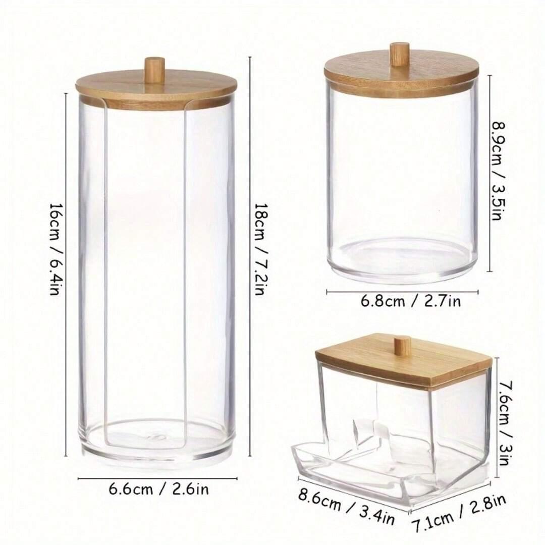 

3 шт./набор Коробка для хранения ватных дисков для макияжа, Коробка для ватных палочек с бамбуковой крышкой, Портативная пыленепроницаемая прозрачная коробка для размещения, Туалетный столик в ванной