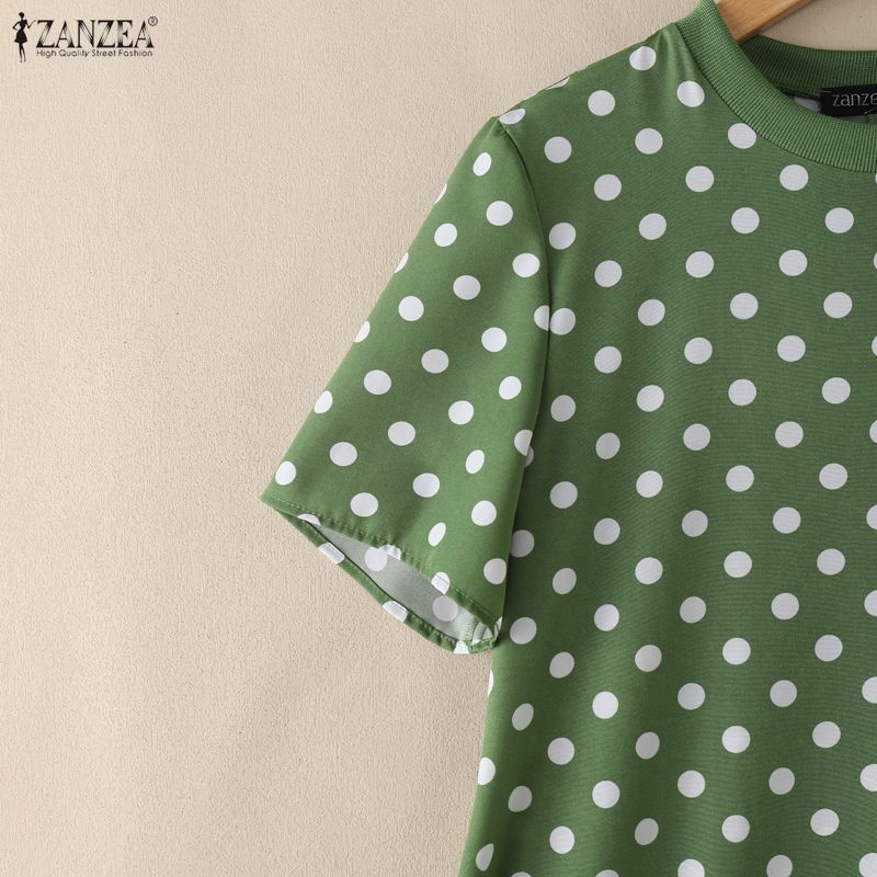 ZANZEA Women Casual Round Neck Short Sleeve Summer Polka Dot Print Dress