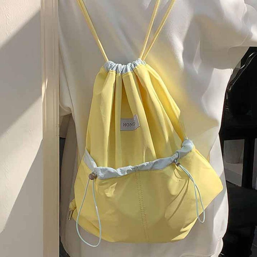 Large Capacity Light Soft Nylon Bag Contrast Color Shoulder Bag Drawstring  Backpacks  Travel