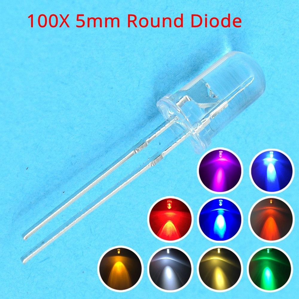100 Stück 5mm Transparent Weiß Rot Grün Blau Rosa Rundkopf Helle Leuchtdiode LED 20000mcd 6000-6500k Licht