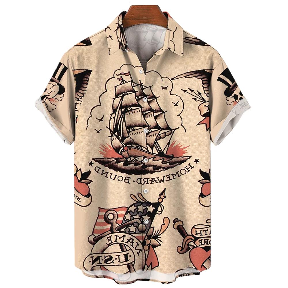 3D Retro Digital Printed Men's Lapel Short Sleeved Shirt