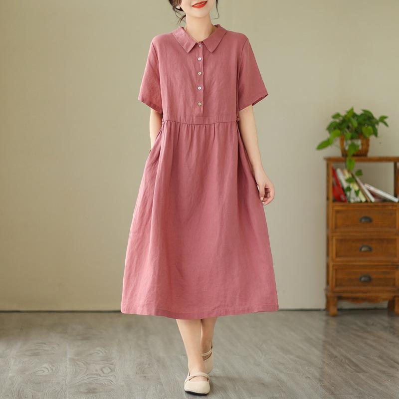 2025 Summer New Cotton and Linen Dress Women's Loose and Simple Polo Collar Short-sleeved Medium and Long Solid Color Skirt