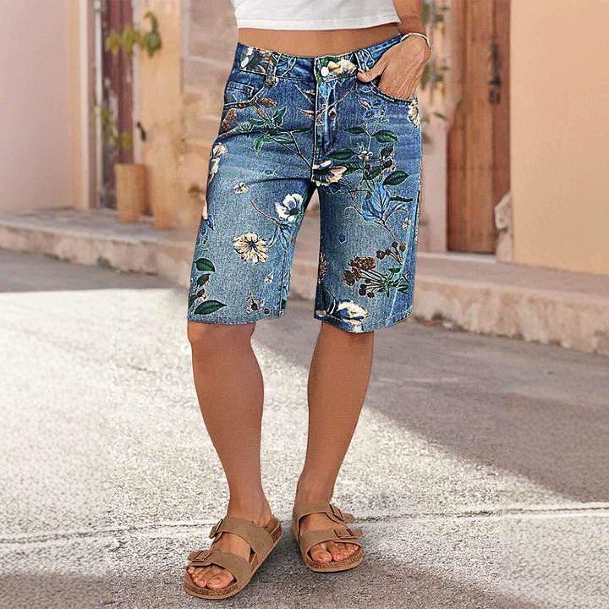Cross2026 Floral High-Waist Wide-Leg Denim Capris for Women M синий