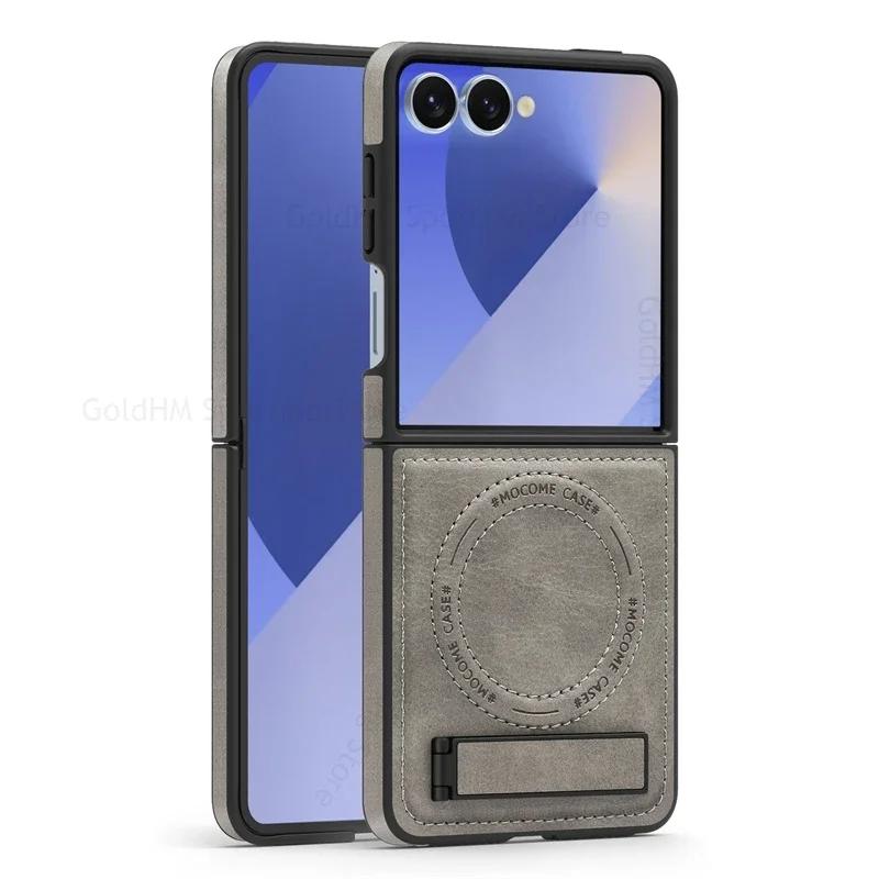 Hochwertige Business Sle Bla Leder Ständer Handyhülle mit Schlitzen für Samsung Z Flip 7 6 5 4 3 Magnetische kabellose Lade-Rückabdeckung