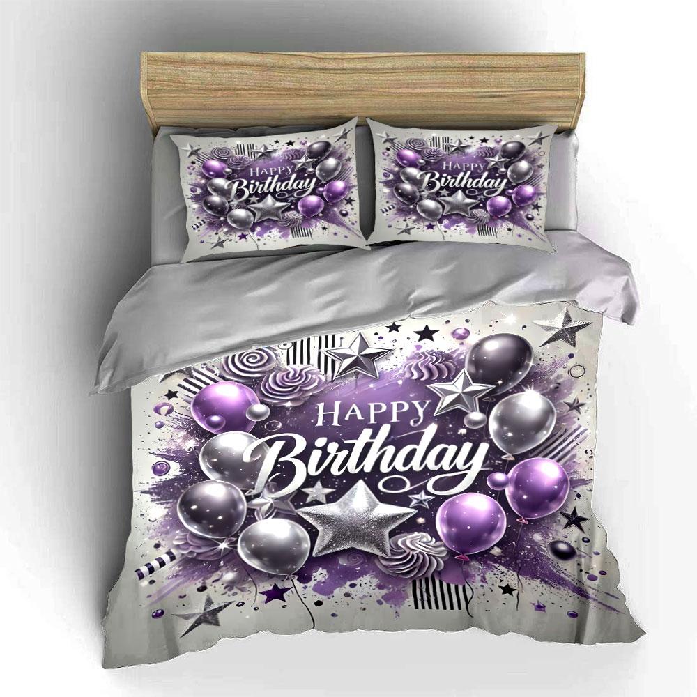Purple Silver Birthday Design Bedding Duvet Cover Set Duvet Cover Pillowcases  (1*Duvet Cover 2*Pillowcases, Without Duvet Insert)