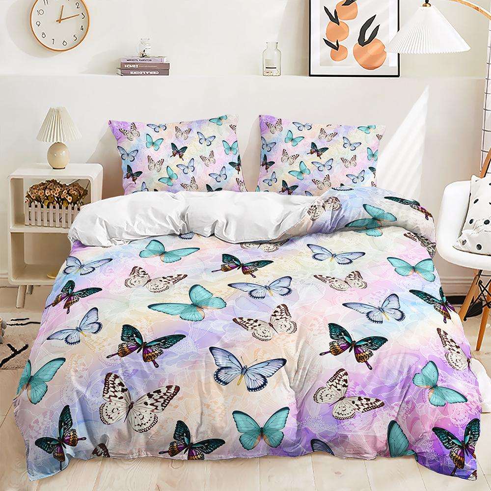 Butterfly Mushroom Flower Digital Printing Duvet Set Three-Piece Bedding Set