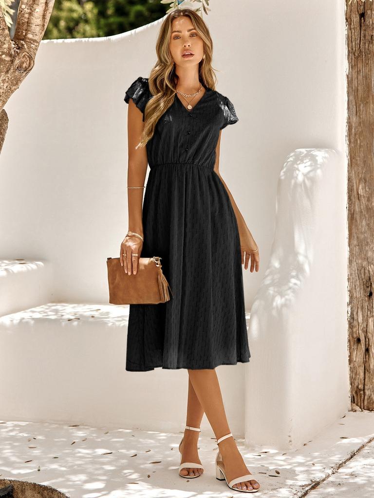 New European and American summer casual women's clothing European and American solid color V-neck waist fresh wind dress