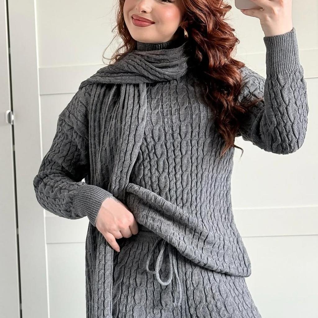 2025 Autumn/Winter High Neck Cozy Scarf-Top Sweater and Long Pants Set
