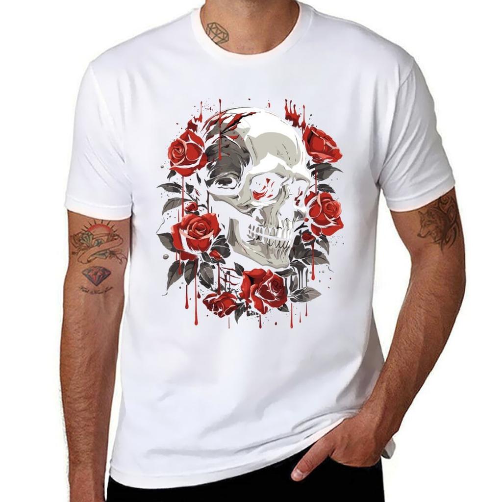 Skull With Roses Tshirt Work Outdoor Short Sleeve Tee Tshirt