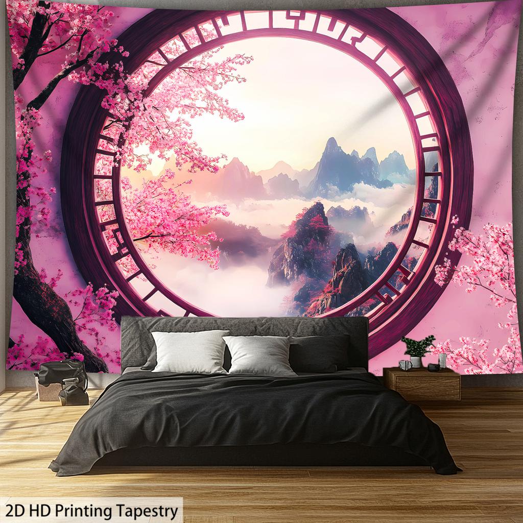 Cherry Blossom Mountain Scenery Digital Printing Polyester Wall Tapestry Suitable for Use In Living Rooms Offices Bars and Party