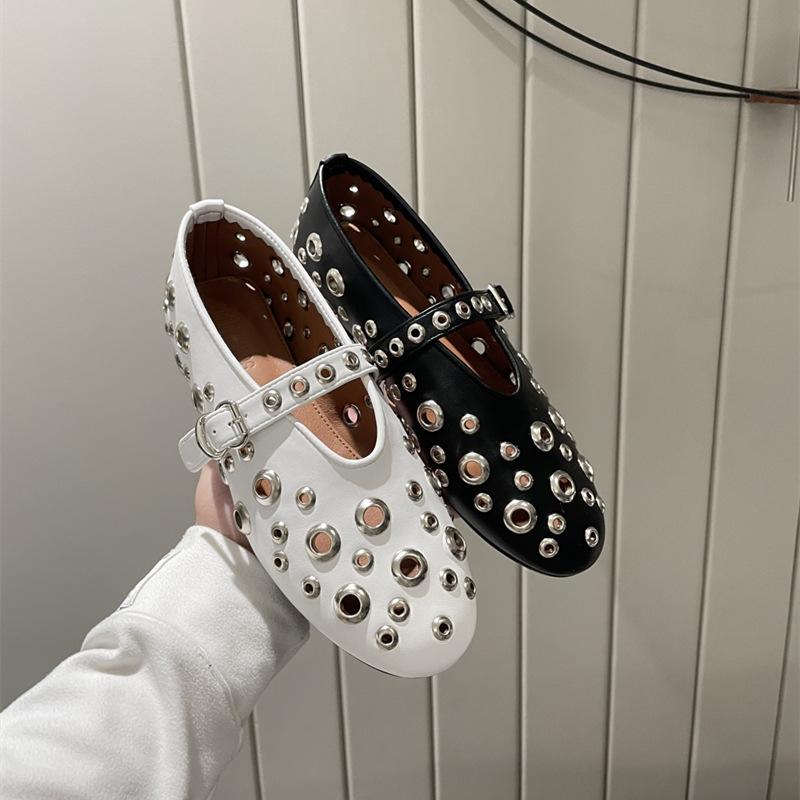 New Niche Design Flat Mary Jane Shoes Leather Metal Rivets Hollow Ballet Shoes Women