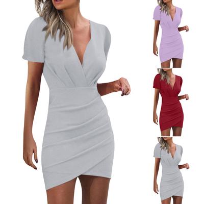 Summer Women's Small Point Collar Solid Color Design Tunic Short Sleeves Holiday Casual Street Skinny Party Dress