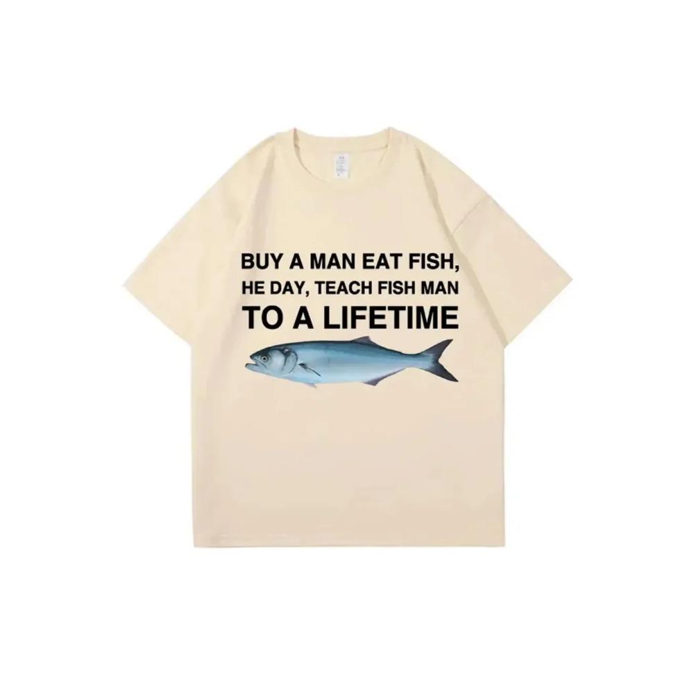 Kup Muž Jíst Rybu On Den Nauč Rybu Muže Na Celý Život Vtipné Meme Tričko Unisex Ležérní Bavlna Pánské Tričko Léto Nadměrná Trička