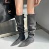 2025 Autumn New Models Are Flat-bottomed Pointed-toed Tall Tube Two-through Knee Denim Blue Thin Knight Women's Pleated Boots