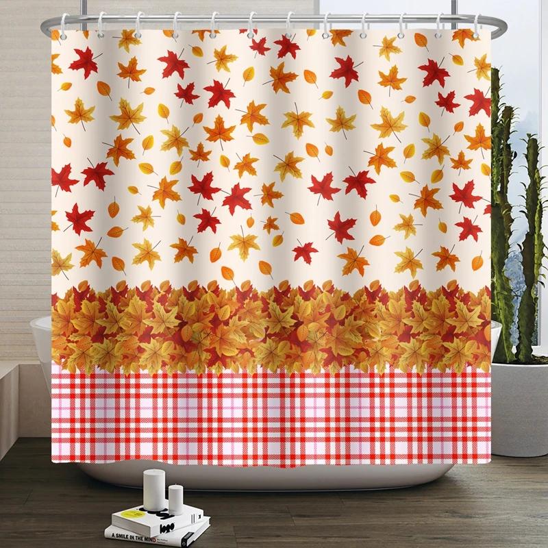 Hello Fall Shower Curtain Autumn Maple Leaves Pumpkin Bathroom Decor Polyester Fabric Cloth Shower Curtain With Hooks Room Decor