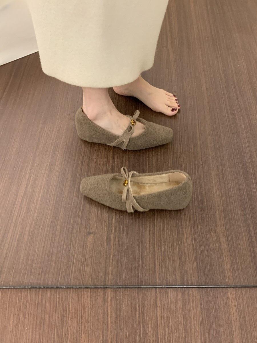 French Xiaoxiangfeng Gentle Evening Shoes Bow Mary Jane Shoes Fleece Inner Height-increasing Thermal Cotton Pad Shoes 35