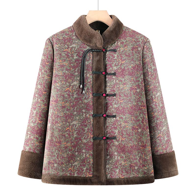 Winter Cotton Jacket with Fur Lining for Middle-aged and Elderly Women - Chinese National Style