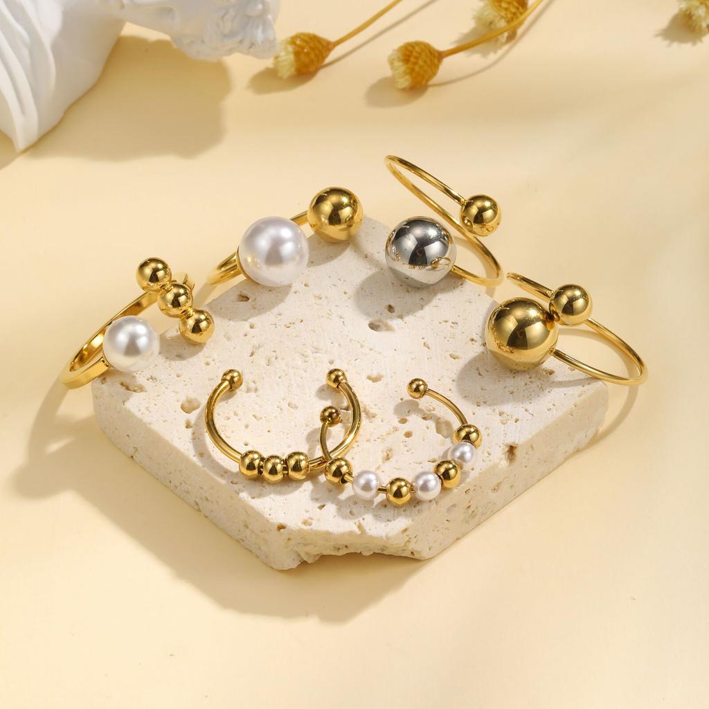 Waterproof Double Ball Open Ring for Women, Asymmetric Wrap Open Adjustable Ring, Stainless Steel Girlfriend Jewelry Gifts