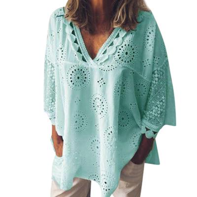 Hollow Large Size Solid Out Color V Women Neck Half Sleeve Lacework Loose Blouse