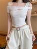Sweet and Spicy Cut-out Off-shoulder Short-sleeve T-shirt for Women, New Summer Design Cropped Petite Waist-cinching Cropped Top