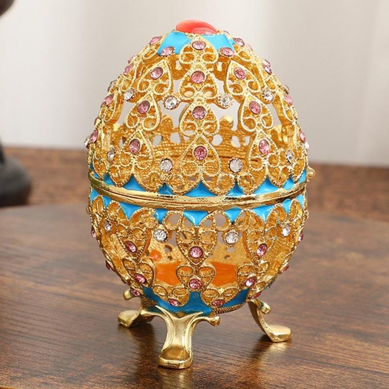 Egg Shape Jewelry Storage Box Inlaid Gem Organizer Exquisite Hollowed-Out Alloy Storage Jar Earrings Ring Dresser Decorative