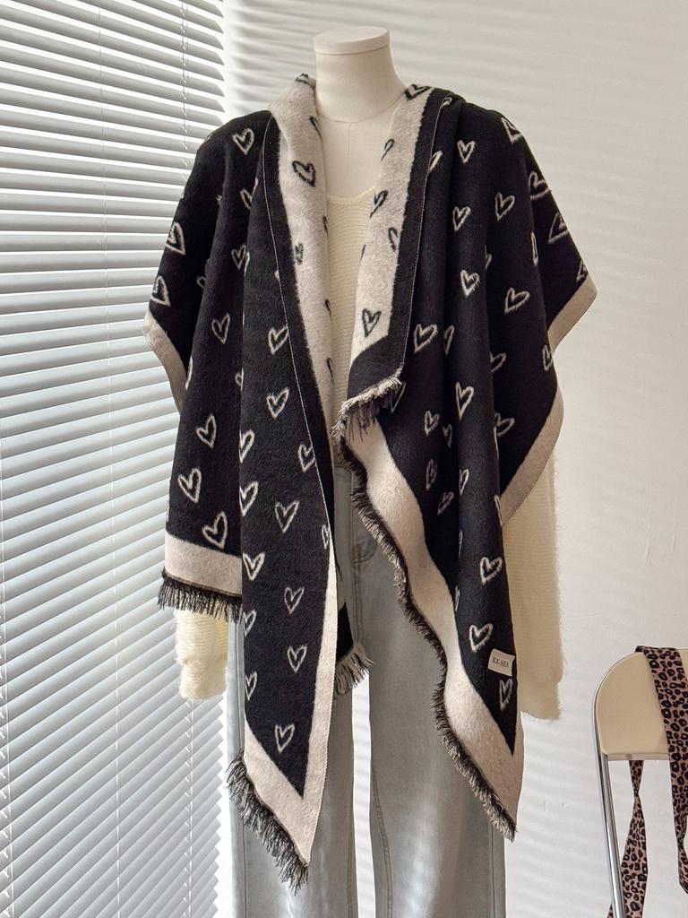 Women & Men Winter Warm Scarf Delicate Love Pattern Faux Cashmere Irregular Cut Double-Sided Neckerchief For Cold Days