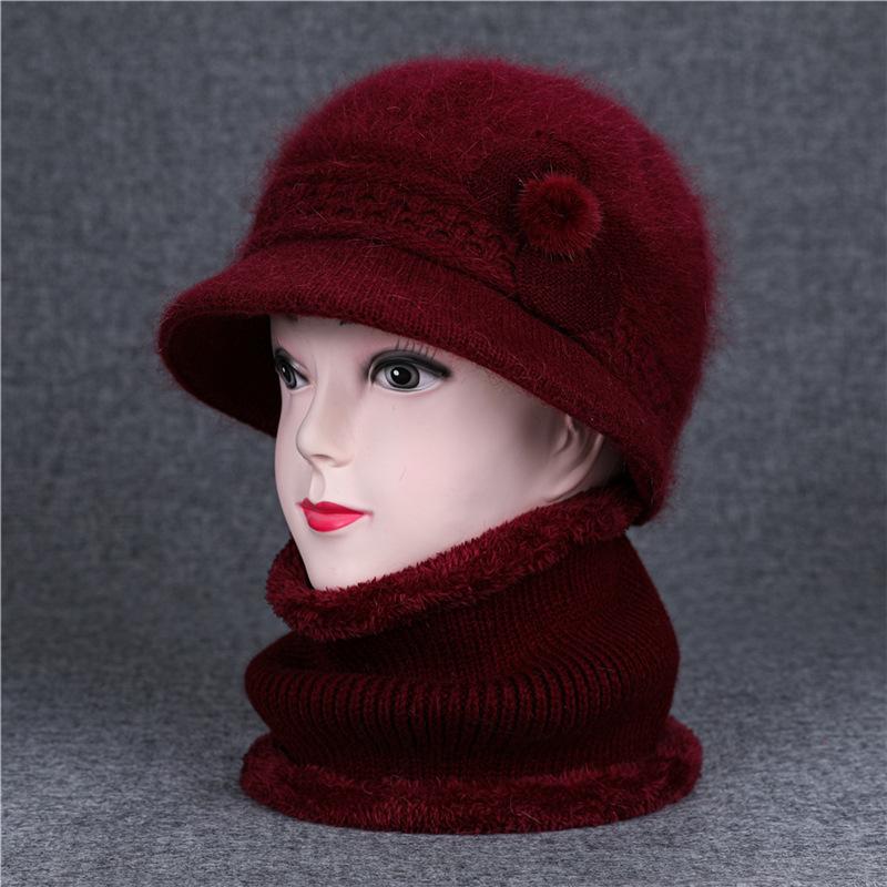 Ji Middle-Aged And Elderly Women'S Basin Hat Grandma Knitted Wool Hat Old Man Hat Rabbit Fur Flower Mother Hat Scarf