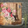Eiffel Tower Paris Scenery Shower Curtain Vintage Scenery Cherry Blossom Butterfly Polyester Fabric Bath Curtains Bathroom Decor