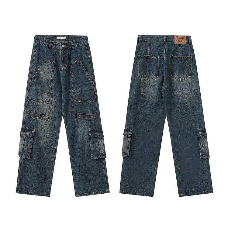 

Мужские джинсы, американские ретро-стираные потертые рабочие джинсы с несколькими карманами, мужские и женские свободные прямые повседневные брюки, модные 3XL синий