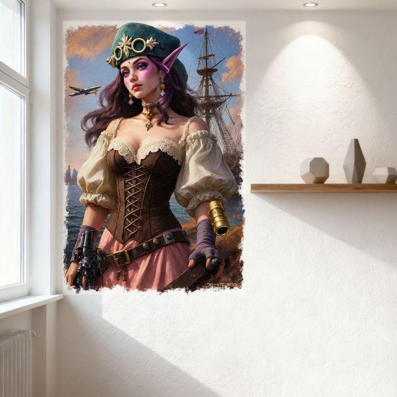 Sexy Fantasy Elf Woman with Purple Hair Mechanical Hand Tin Sign, Vintage Metal Poster for Bar Home Decor, Pointed Ears & Futuri