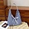 New Summer Striped Double Sided Shoulder Bag for Women with Bow Canvas Bag Casual Large Capacity Simple Letter Tote Bag