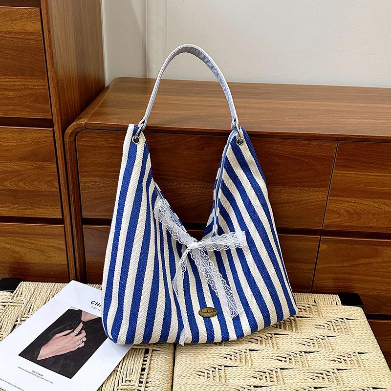 New Summer Striped Double Sided Shoulder Bag for Women with Bow Canvas Bag Casual Large Capacity Simple Letter Tote Bag