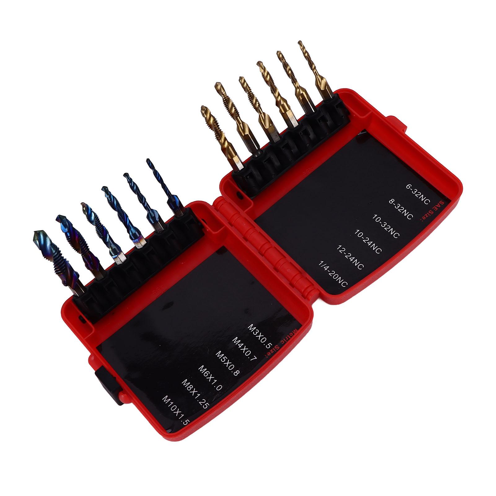 

Набор комбинированных метчиков и сверл 12 шт. HSS Метрический Синее покрытие Имперский Покрытый титаном Шестигранный хвостовик 1/4 дюйма