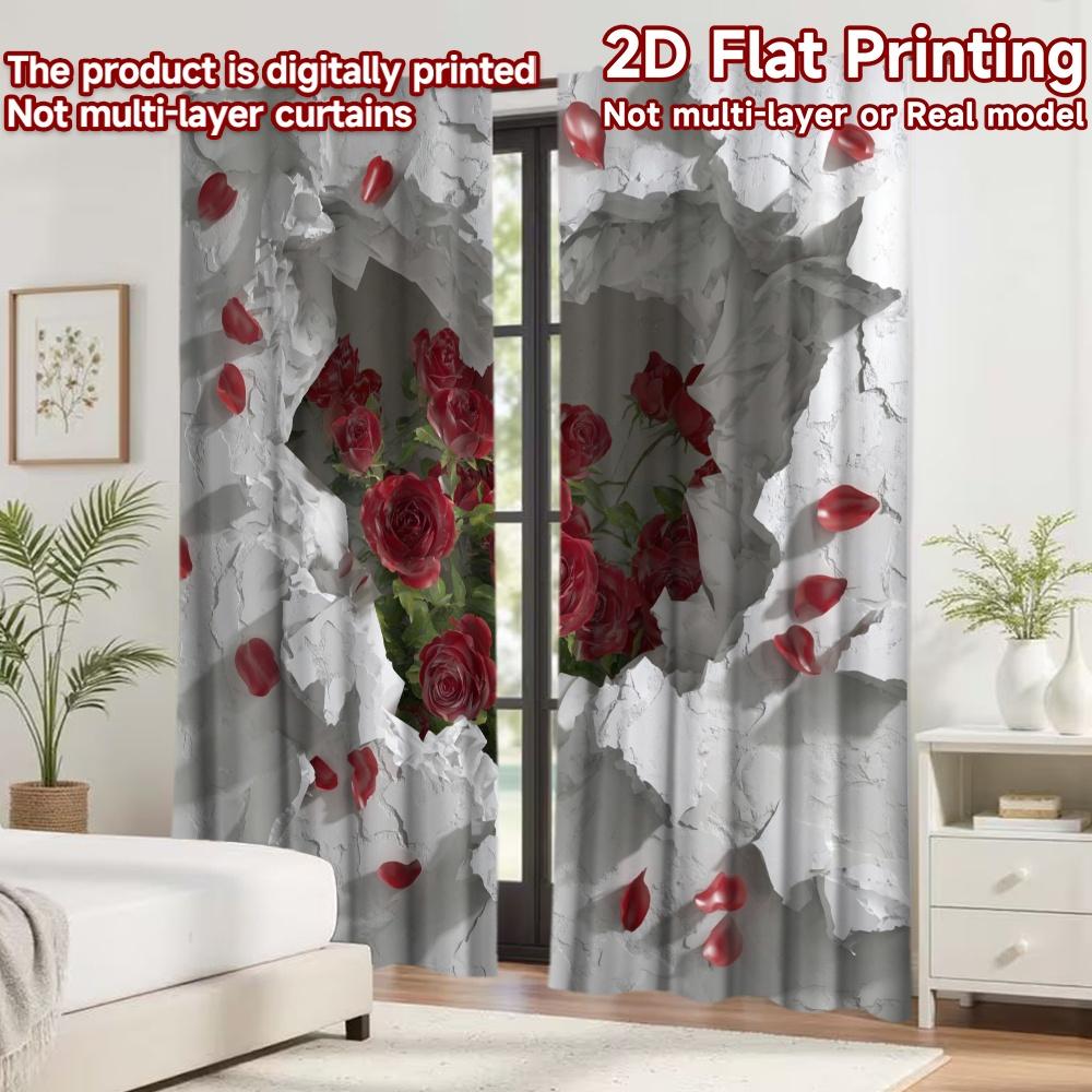 2D flat printing 2pcs Curtain Curtain Valentine's Heart with Roses Digital Printed Polyester Drapes Holiday Decorations Perfect