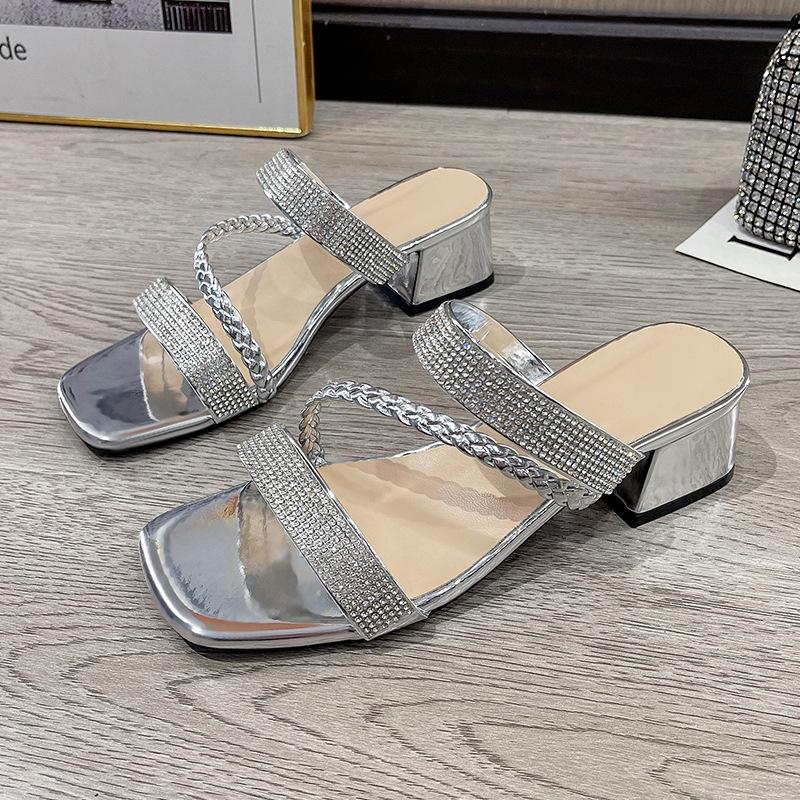 Fashion Fashion Golden Shiny Crystals Sandals Women Luxury Thick Heel Party Shoes Woman Summer Woven Strap High Heeled Sandles Female