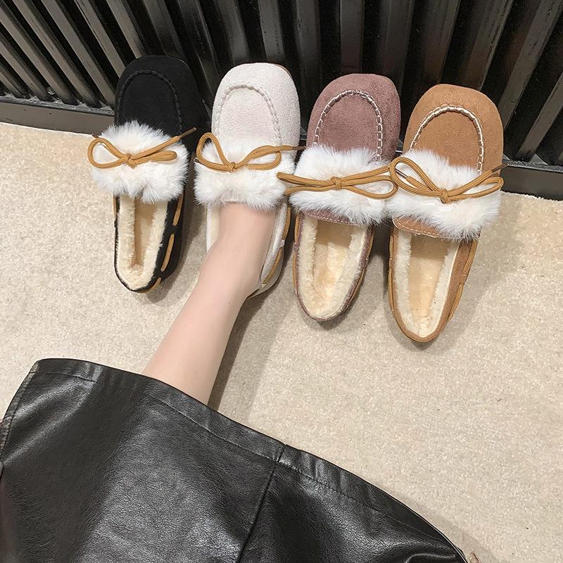 Fur integrated Doudou shoes women's winter velvet new versatile flat-bottomed thick-soled one-pedal fluffy cotton shoes women